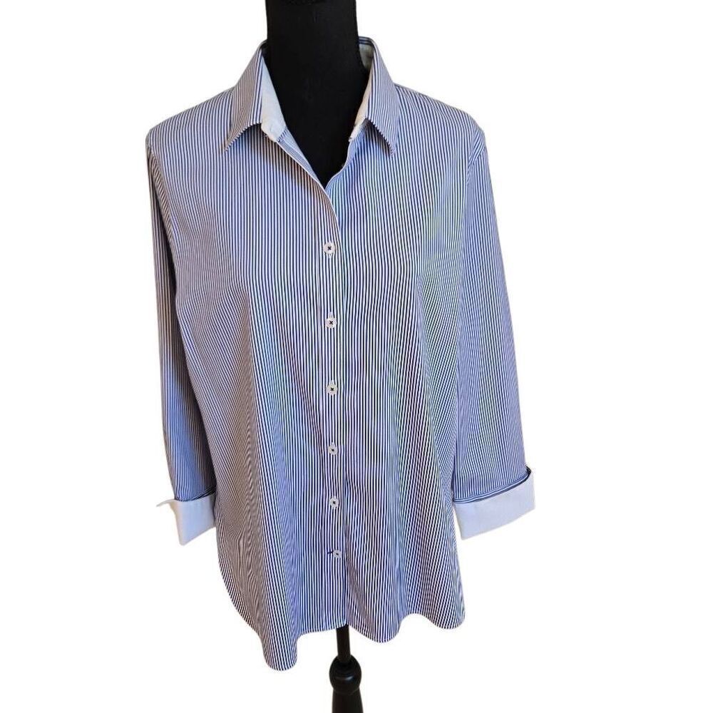 Chicos No Iron Womens Blue White Striped Long Sleeve Button Down Shirt Large